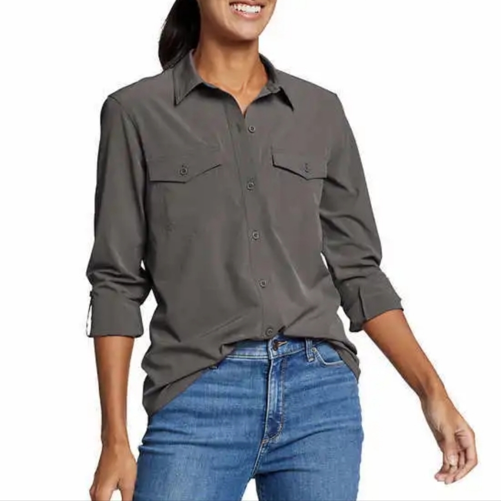 Eddie Bauer Ladies' Departure 2.0 Classic Fit Dark Gray Button Down Top sz Med